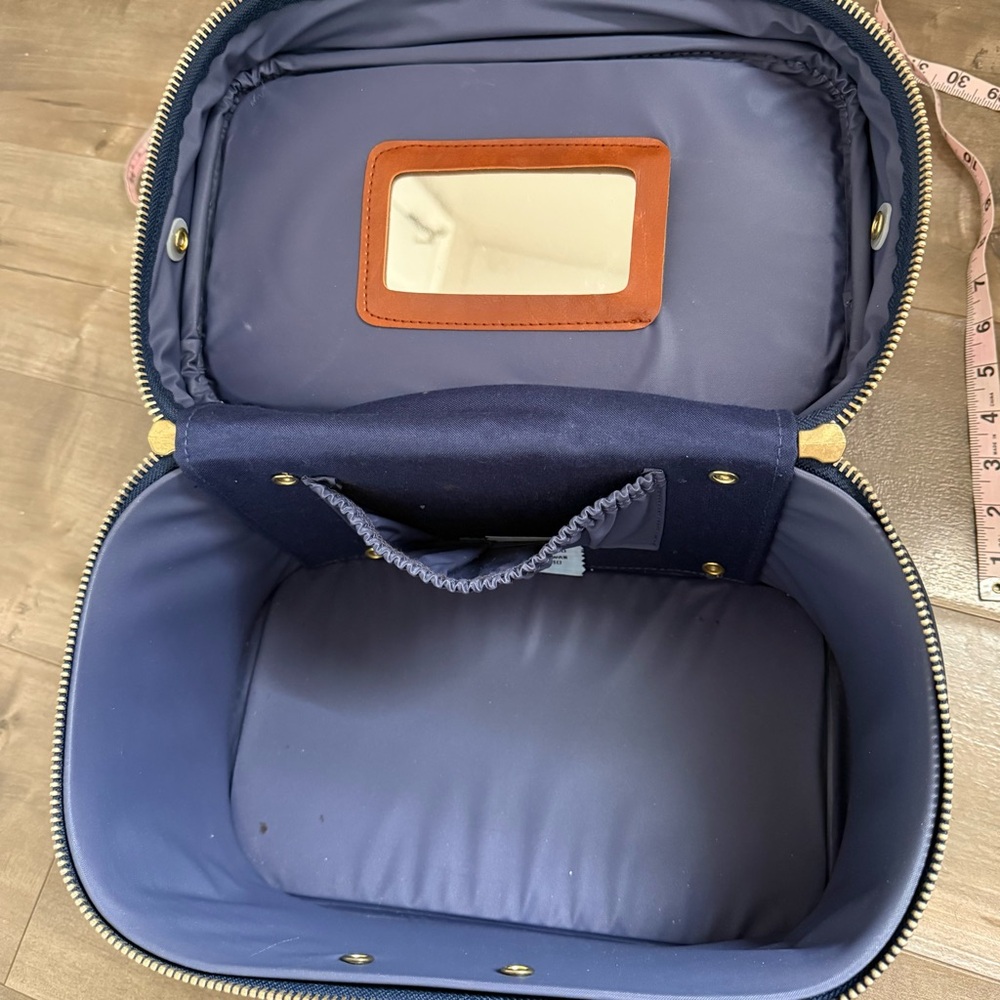 Vintage Sears Travel Train Case Bag Cosmetic Hard Case Wipeable Leather‎ Navy - Picture 16 of 16